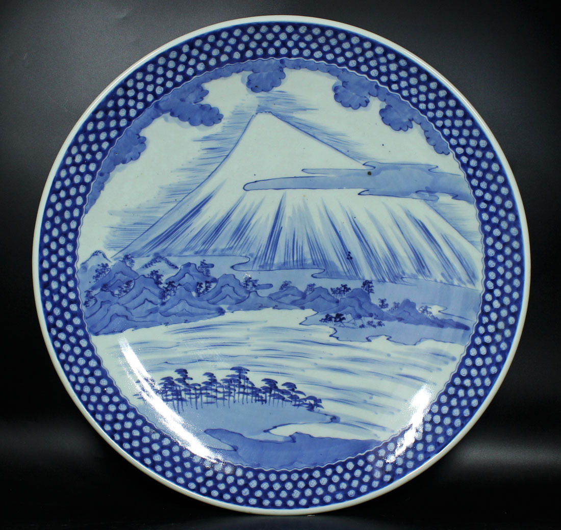 銘品　古伊万里染付富士山景図大皿・江戸時代_画像1