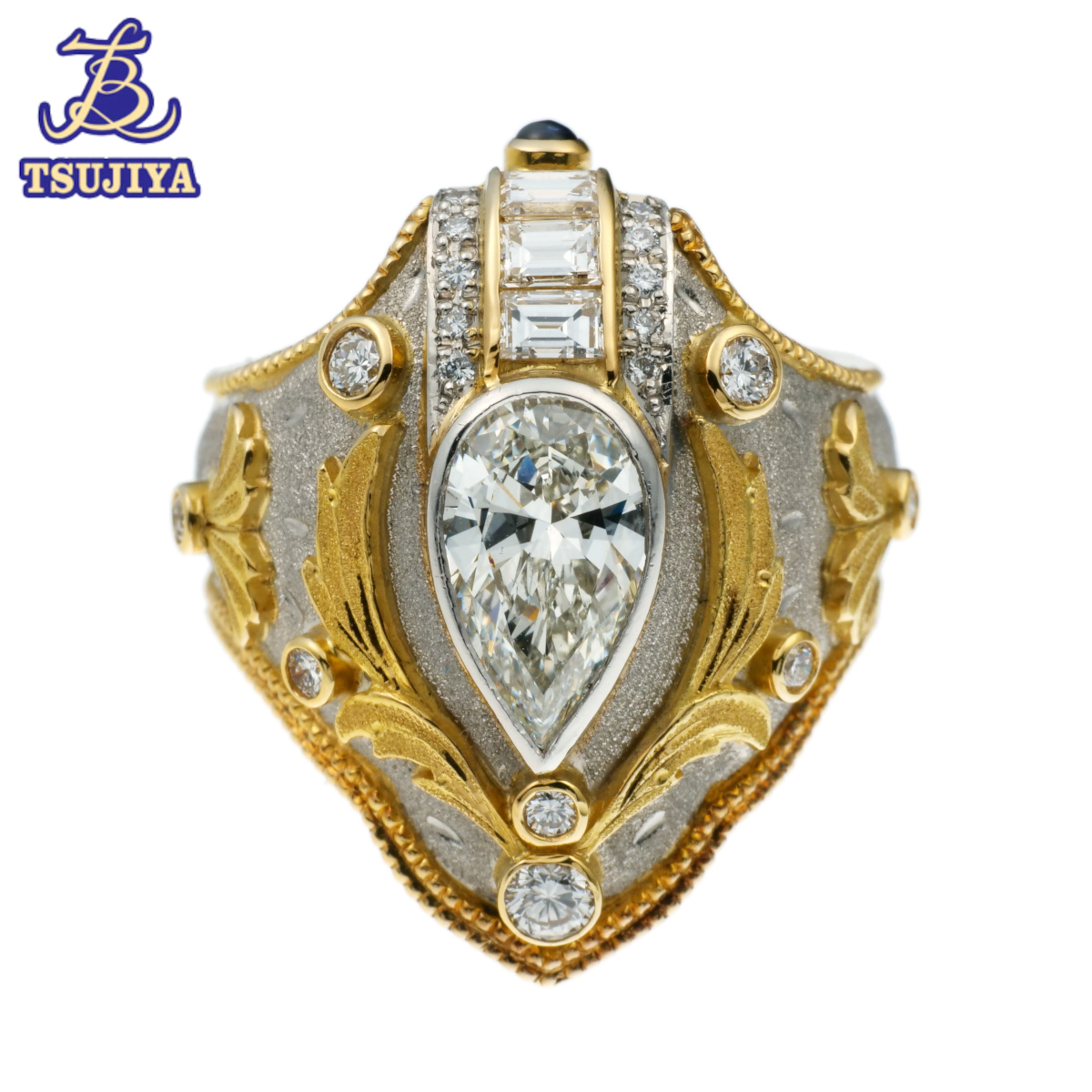 人気新品 石川暢子 ペアシェイプカットダイヤリング 指輪 K18 Pt900 サファイヤ 13号 17.2g 中古A【辻屋質店J2265】 指輪
