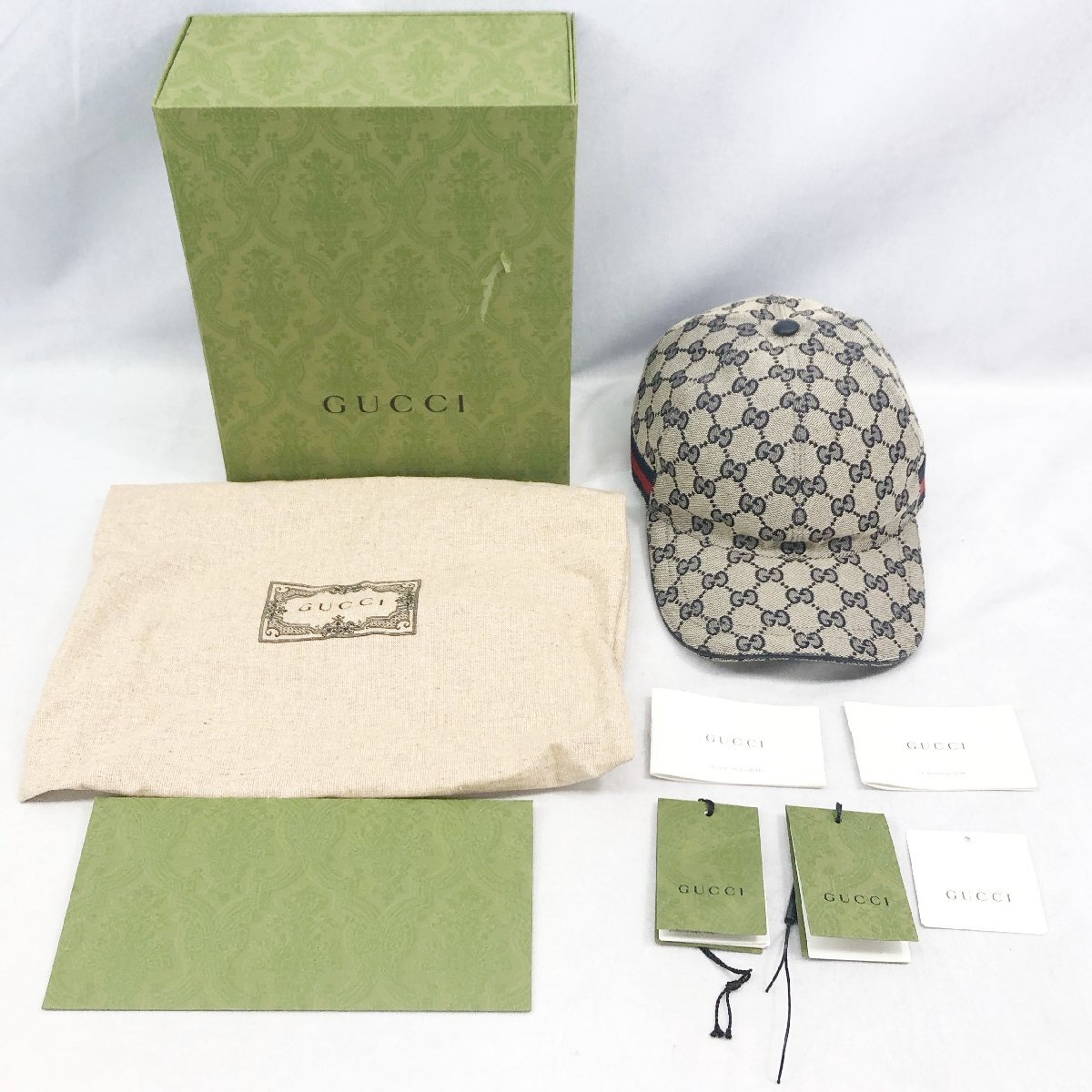 美品 GUCCI グッチ 696845 4HAQQ 4068 ウェブ ストライプ付き オリジナル GGキャンバス ベースボール キャップ サイズ M 58cm 箱付きの画像1