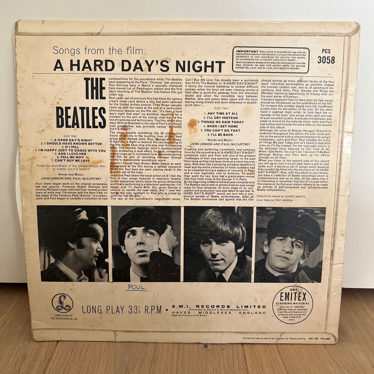 UK оригинал 　 стерео ...1 (3AM, 1RL) Beatles  Битлз   A Hard Day's Night LP пластинка  stereo  жёлтый ... телефон 　YP