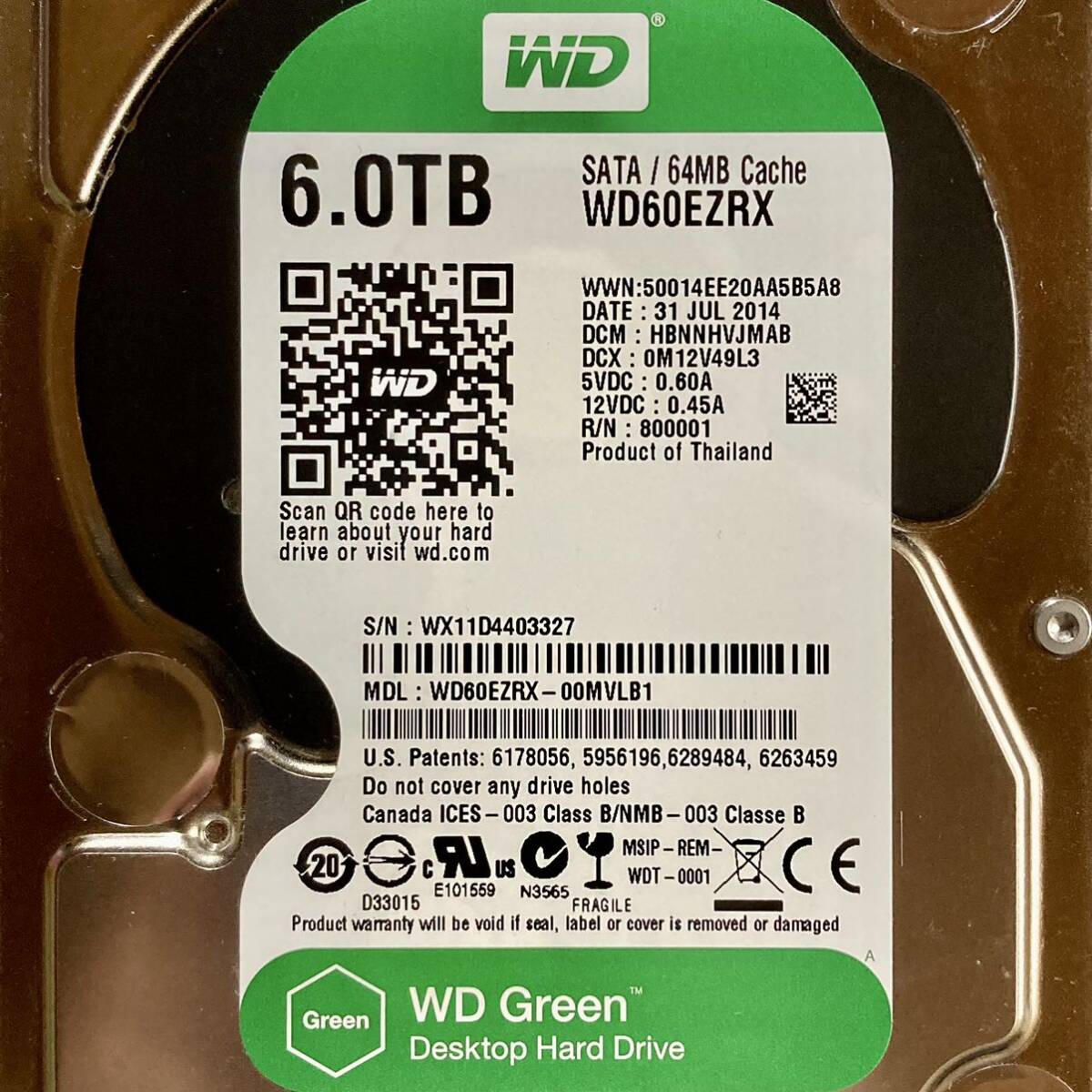 ★ 6TB WD Green 3.5インチ SATA 内蔵型HDD 中古 ★ WD60EZRX 内蔵型ハードディスク ★_画像2