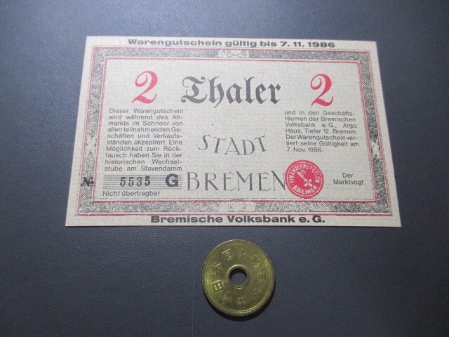 未使用 ドイツ地方紙幣 ブレーメン人民銀行 1986年 2ターレルの画像2