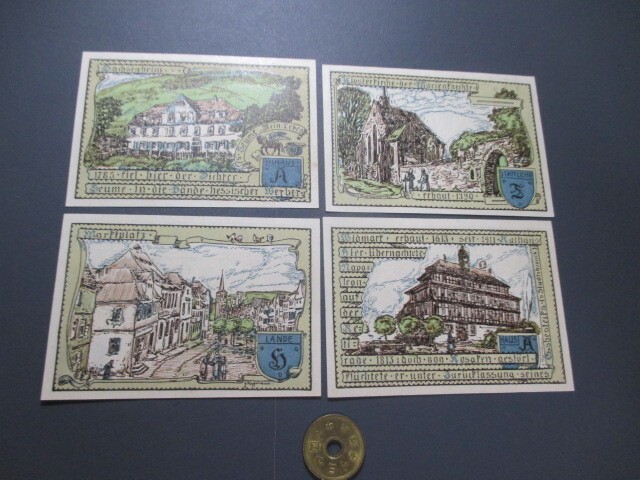 未使用　ドイツ地方紙幣　ファッハ町　1921年　絵入コレクター用　75ペニヒ4枚_画像1