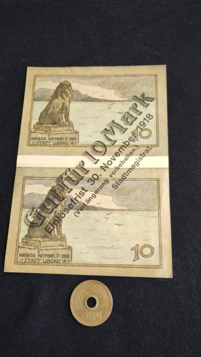 未使用 ドイツ地方紙幣 リンダウ市 1918年 未裁断2枚加刷10マルクの画像2