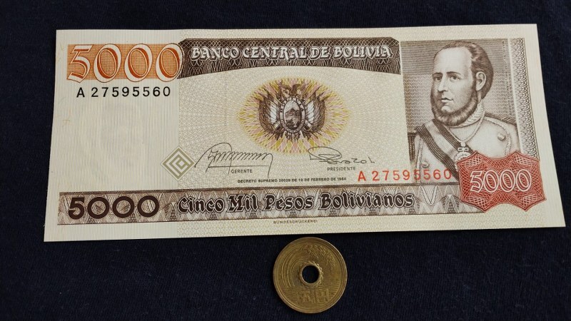 未使用　ボリビア　1984年　超インフレ　5000ボリビア・ペソ_画像1