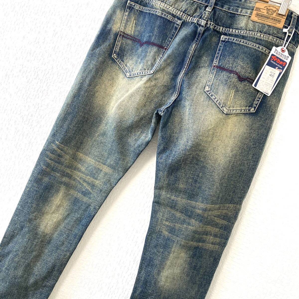 新品タグ付き◎【FASHION JEANS】ファッションジーンズ デニム パンツ ジーパン ストレッチ ダメージ加工 インディゴ メンズ W40/Y8025UU_画像7