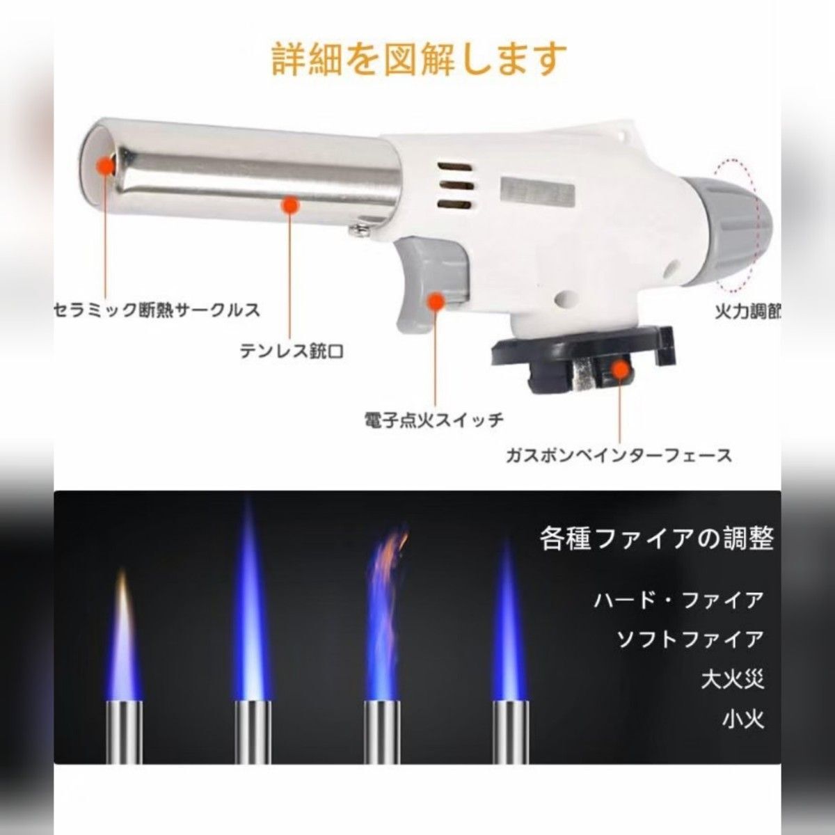 トーチバーナー バーナー 多機能 炎調整可能 簡単着火 簡単取付 カセットボンベ