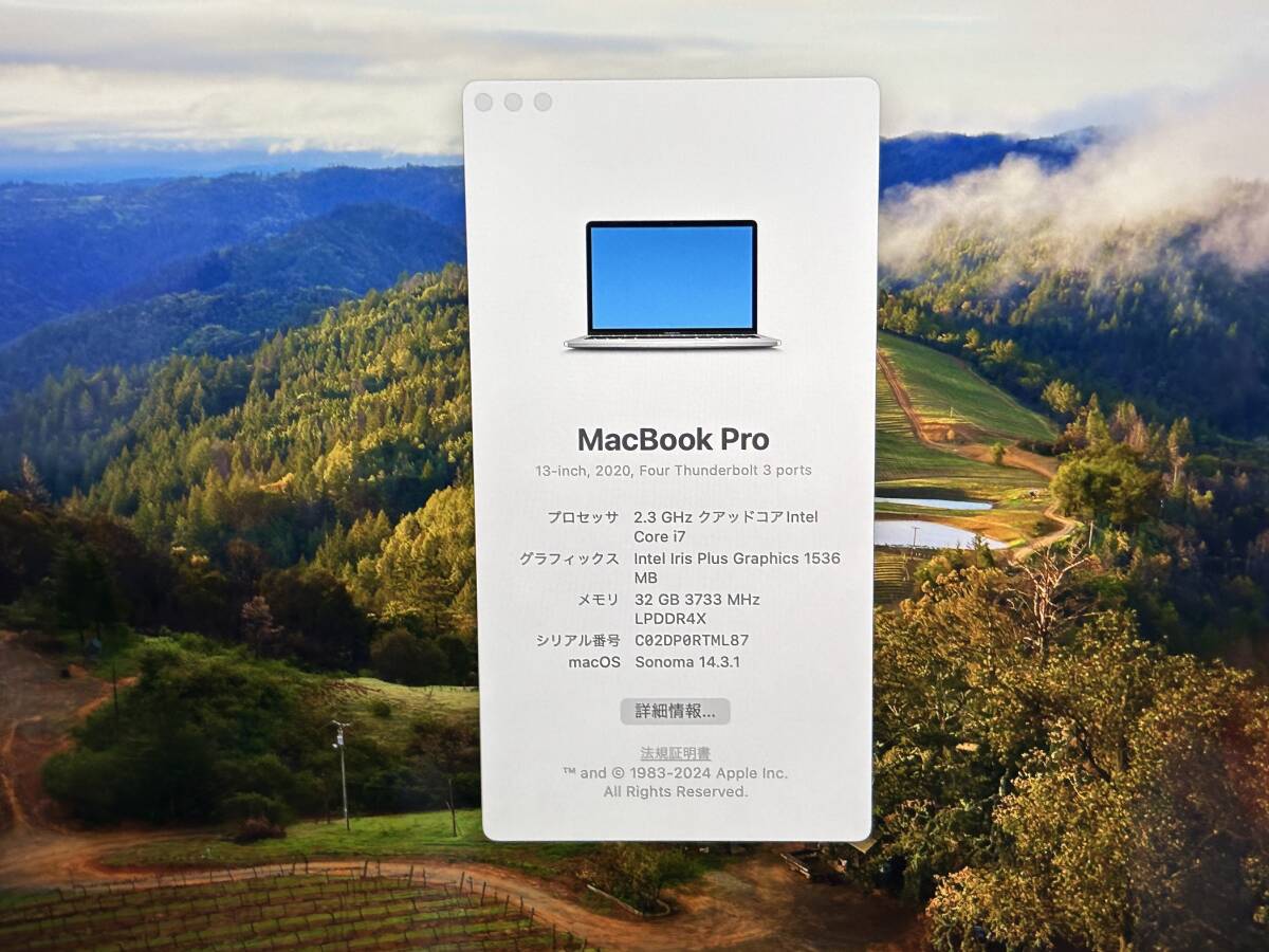 【美品 13.3インチ】Apple MacBook Pro(13-inch,2020) A2251 Core i7(1068NG7)/2.3GHz RAM:32GB/SSD:1TB タッチバー Sonoma 動作品_画像8
