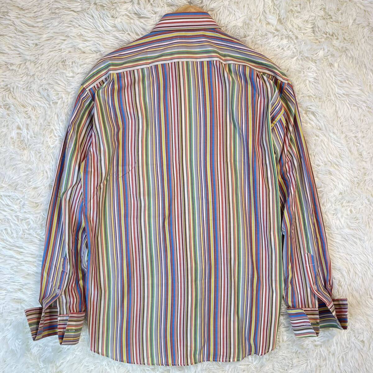 1円〜 【希少XL-2XL位 極美品 】Paul Smith ポールスミス メンズシャツ マルチストライプ コットン長袖シャツ 袖裏切替 エスニック柄 _画像5