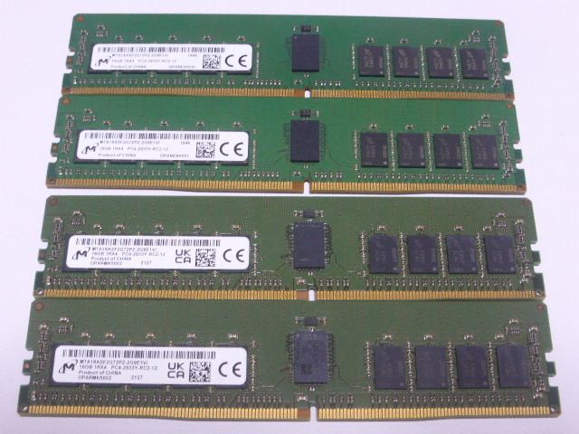 メモリ サーバーパソコン用 Micron DDR4-2933 (PC4-23400) ECC Registered 16GBx4枚 合計64GB 起動確認済です MTA18ASF2G72PZ-2G9E1VI