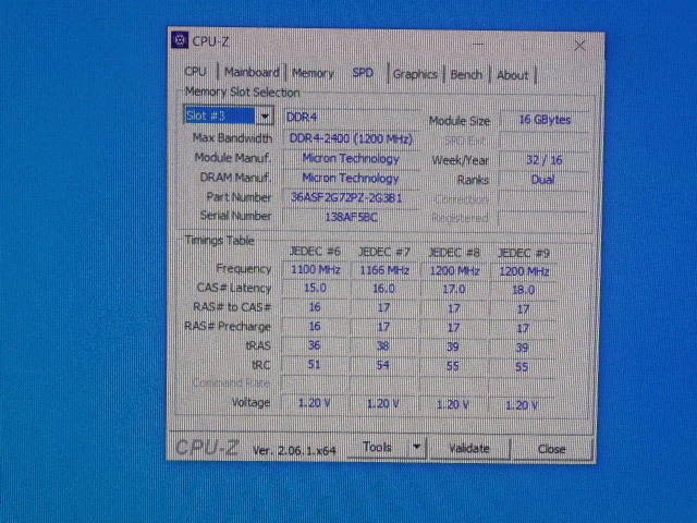 メモリ サーバーパソコン用 Micron DDR4-2400 (PC4-19200) ECC Registered 16GBx4枚 合計64GB 起動確認済です MTA36ASF2G72PZ-2G3B1IIの画像7