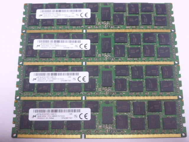 メモリ サーバーパソコン用 1.5V Micron PC3-14900R(DDR3-1866R) ECC Registered 16GBx4枚 合計64 GB 起動確認済みです⑤_画像1