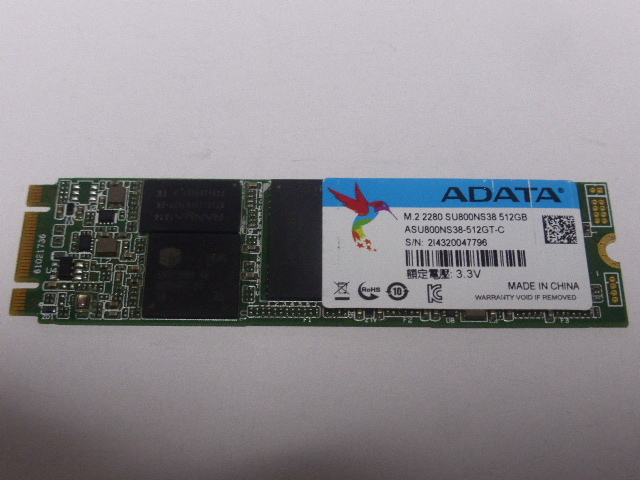 ADATA SSD M.2 SATA Type2280 512GB 電源投入回数1507回 使用時間1180時間 正常96% SU800NS38 中古品ですの画像1