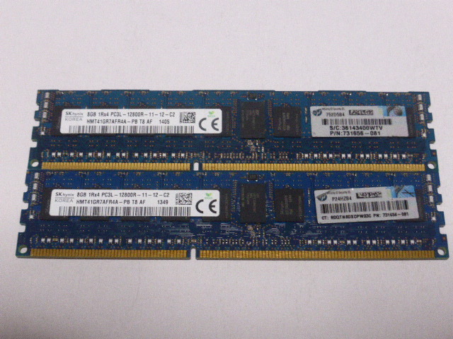 メモリ サーバーパソコン用 低電圧 1.35V SK hynix PC3L-12800R(DDR3L-1600R) ECC Registered 8GBx2枚 合計16GB 起動確認済みです の画像1