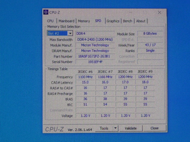 メモリ サーバーパソコン用 Micron DDR4-2400 (PC4-19200) ECC Registered 8GBx2枚 合計16GB 起動確認済です MTA18ASF1G72PZ_画像6