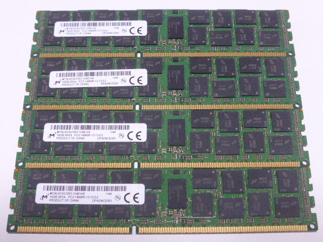 メモリ サーバーパソコン用 1.5V Micron PC3-14900R(DDR3-1866R) ECC Registered 16GBx4枚 合計64 GB 起動確認済みです⑦の画像1