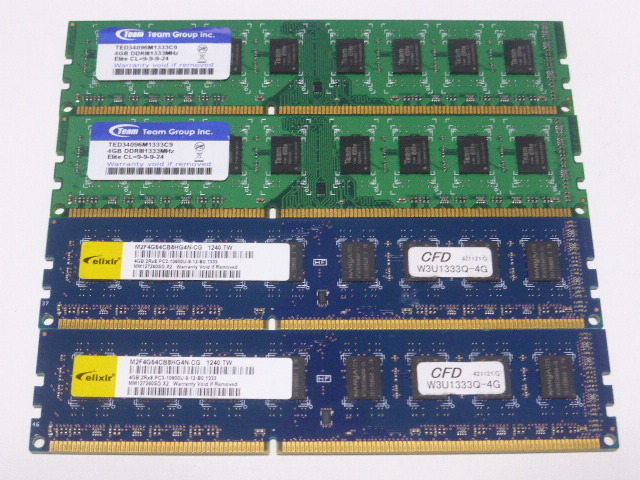 メモリ デスクトップパソコン用 CFDとTeam 1.5V DDR3-1333 PC3-10600 4GBx4枚 合計16GB 起動確認済みですが一応ジャンク品扱いですの画像1