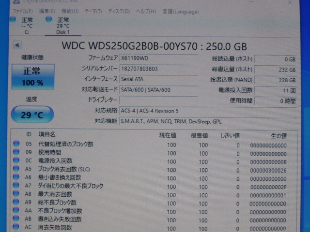 WD BLUE SSD M.2 SATA Type2280 250GB 電源投入回数11回 使用時間0時間 正常100% WDS250G2B0B-00YS70 中古品ですの画像7