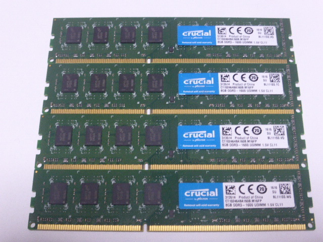 メモリ デスクトップ用 Crucial 1.5V DDR3-1600 PC3-12800 8GBx4枚 合計32GB 起動確認済みです_画像1