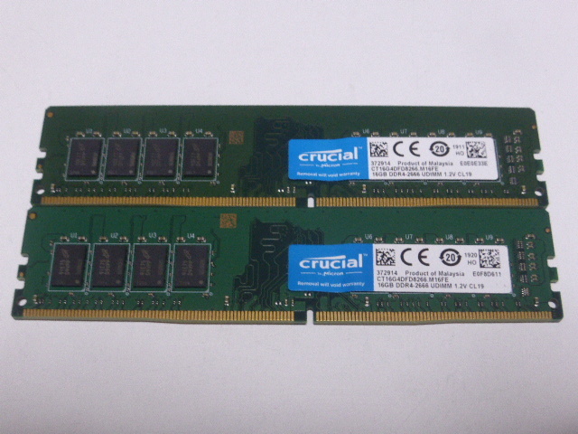 メモリ デスクトップパソコン用 Crucial DDR4-2666 PC4-21300 16GBx2枚 合計32GB 起動確認済みですの画像1