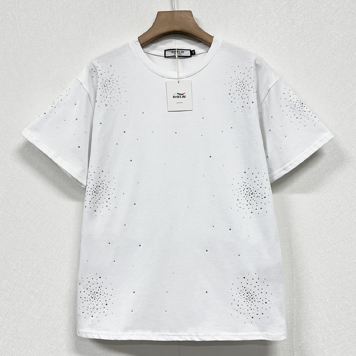 個性ヨーロッパ製※定価2万◆ブルガリア発※RISELIN 半袖Tシャツ 綿100% 薄手 通気 ラインストーン 光沢感 ゆったり スウェット 街着 Lの画像1