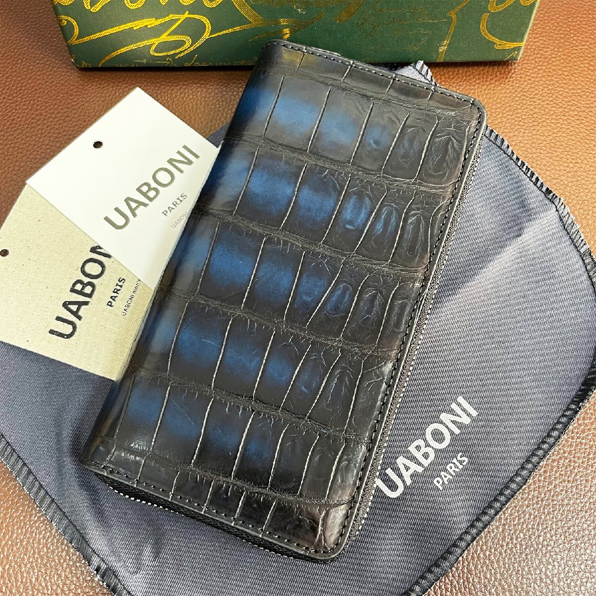 希少 限定EU製＆定価68万◆UABONI*アリゲーター・ラウンドファスナー長財布◆手染 パティーヌ レザー クロコ メンズウォレット_画像2