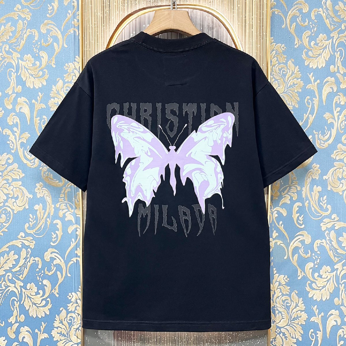 定価2万★christian milada・ミラノ発・半袖Tシャツ★コットン100％ 薄手 通気 爽やか 蝶柄 個性 カットソー ストリート 男女兼用 夏 L/48_画像1