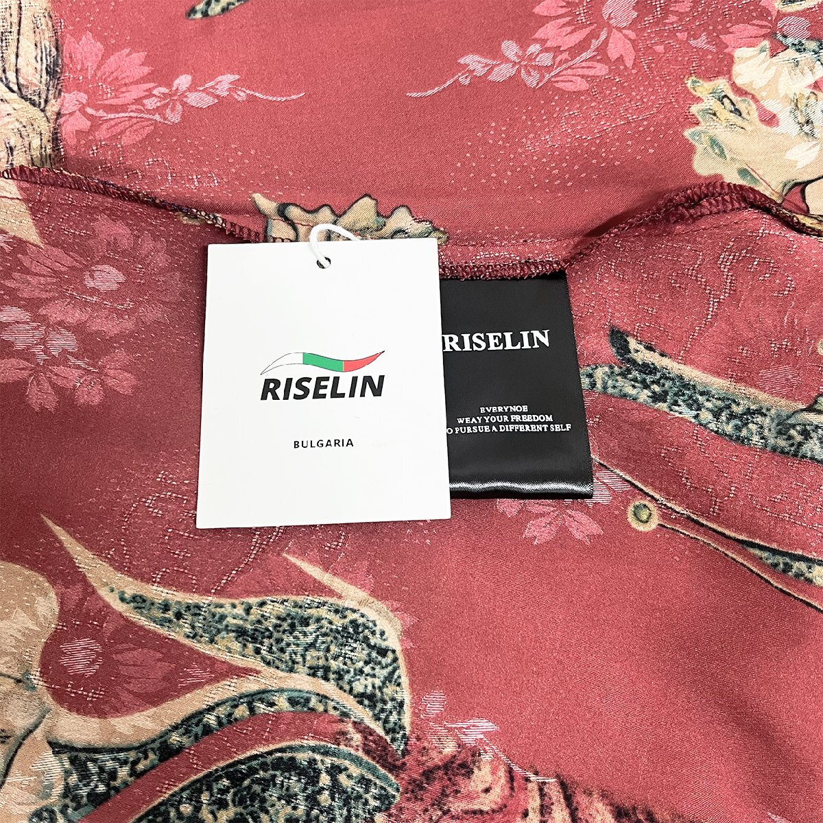 上級ヨーロッパ製※定価3万◆ブルガリア発※RISELIN 半袖Tシャツ 高級シルク混 速乾 薄手 総柄 折り襟 上品 トップス カジュアル 夏 M/46_画像8