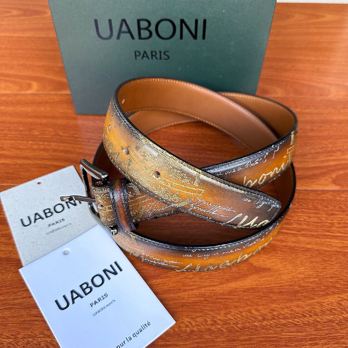 超人気 EU製 定価9万◆UABONI*ユアボニ*幻のパティーヌ*ベルト◆手染 ハンドメイド ゴールデン 調節可能 本革 レザー スーツ ビジネス 紳士の画像1