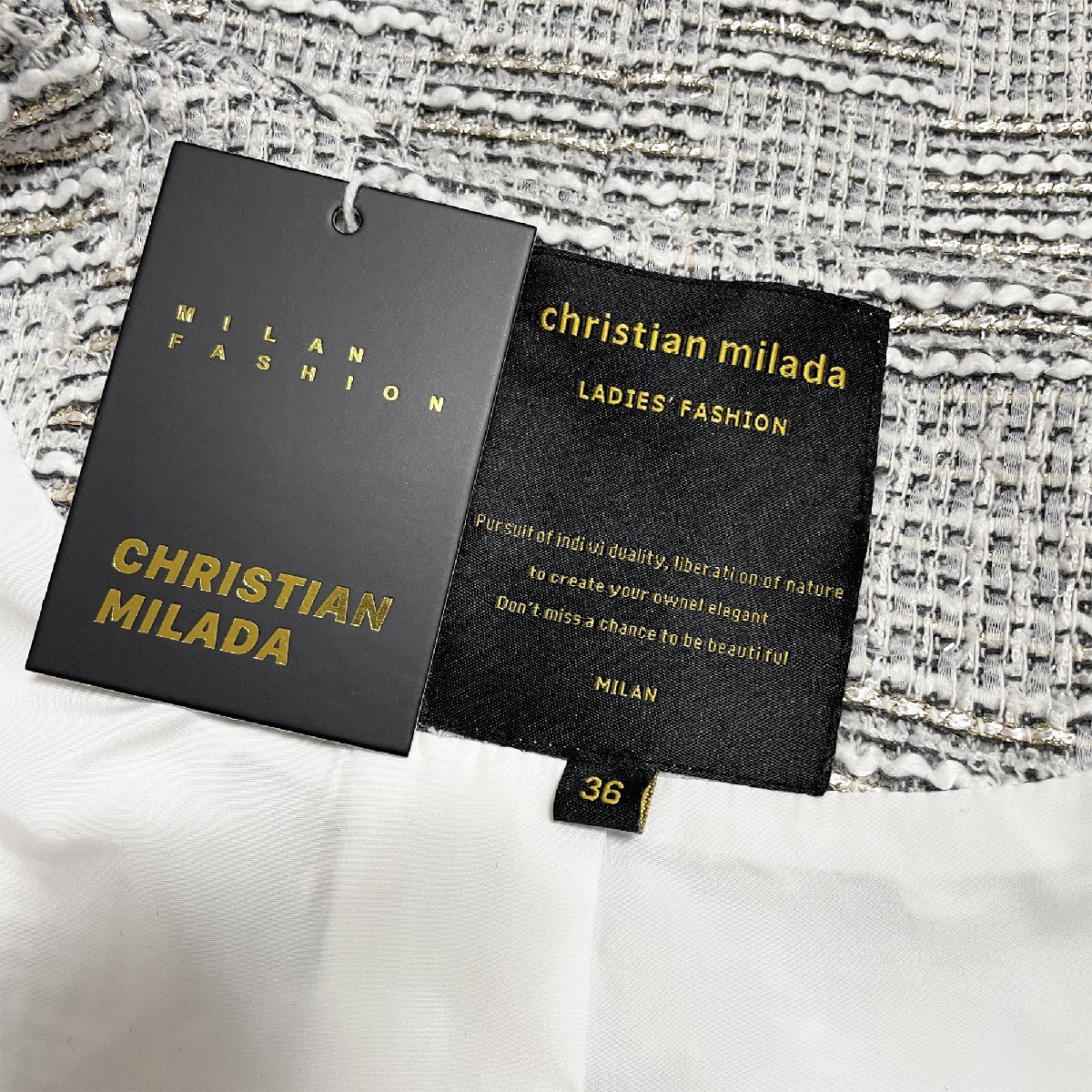 定価6万★christian milada・ミラノ発・ツイードジャケット★高級リネン混 柔らかい 艶 総柄 キレイめ オシャレ 着せ 通勤 レディース M_画像7