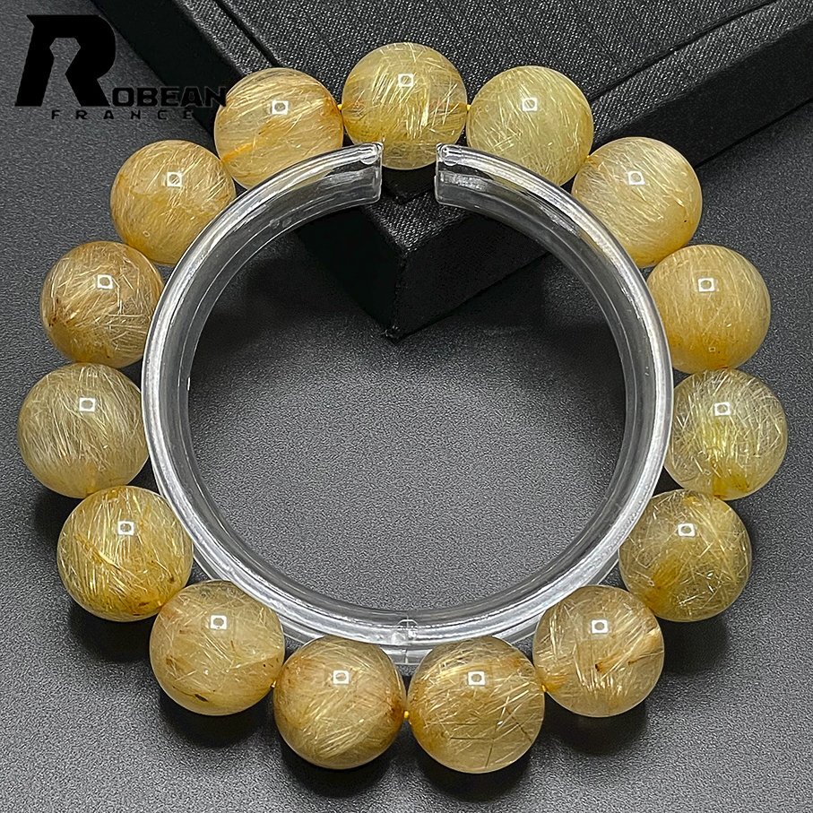  beautiful EU made regular price 22 ten thousand jpy *ROBEAN* Taichi n rutile * yellow gold needle crystal Gold bracele 9 star better fortune natural stone luck with money amulet 14.9-15.7mm C403073