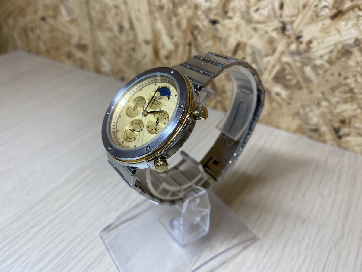 SEIKO セイコー 7A48-7010 クロノグラフ ムーンフェイズ ゴールド文字盤 メンズ腕時計 クォーツ #12083