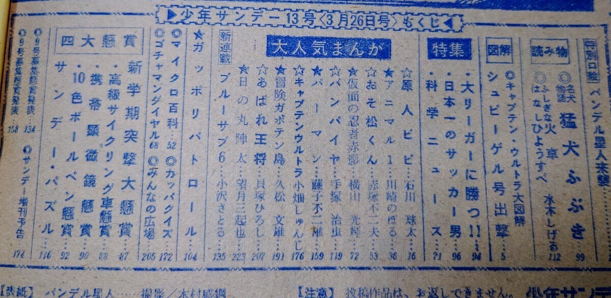 週刊少年サンデー　1967　当時物_もくじ