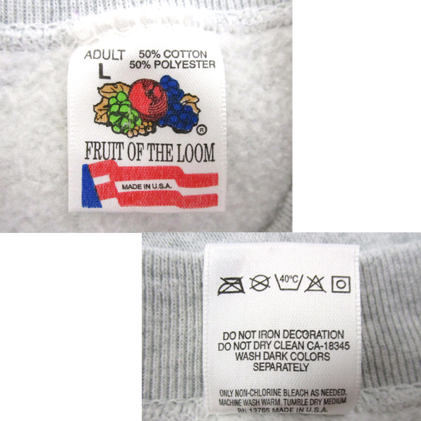 90's USA製! FRUIT OF THE LOOM 稀少 ビンテージ 杢グレー&フルーツプリント☆ スウェット シャツ♪ ランタグ army リバース 後付け 501xxの画像10