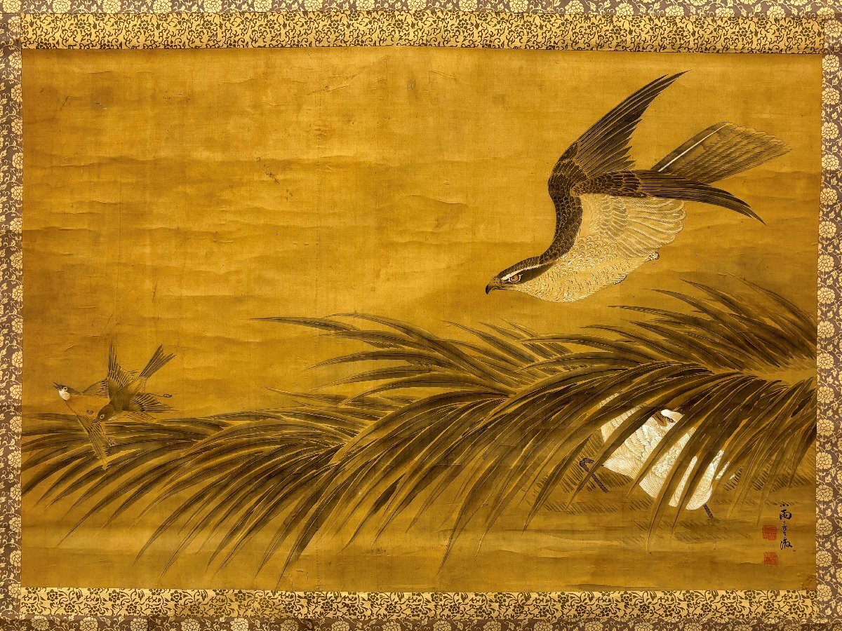大幅 小雨銘 鷹の図 絹本 約137.8×109.4cm 掛軸 書画 骨董品 美術品 6109mjzN_画像3