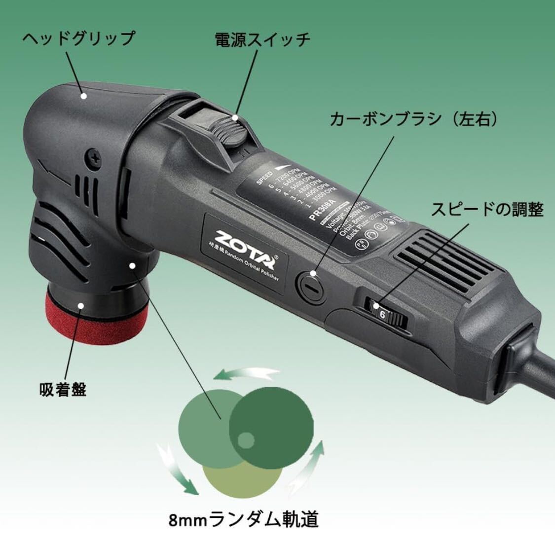 ZOTA ミニポリッシャー,50mm/75mmダブル裏板電動ポリッシャー 車，100V六段変速 3000-7200RPM 恒定回転速度ポリッシャー 小型の画像5