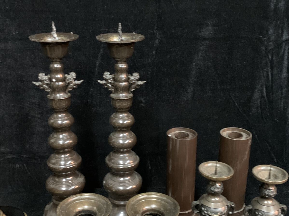 瓩09Br） 仏具 約14kg まとめ 古銅 木製 花立 燭台 香炉 おりん 鈴 など 仏教美術 骨董 古美術 （0421R0604084）の画像9