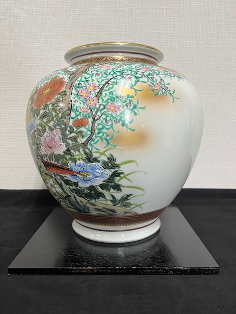 九谷焼 利平造 花瓶 茶器 色絵陶磁器 色彩 全長約31㎝ 重量3.96㎏ 木箱付き U594