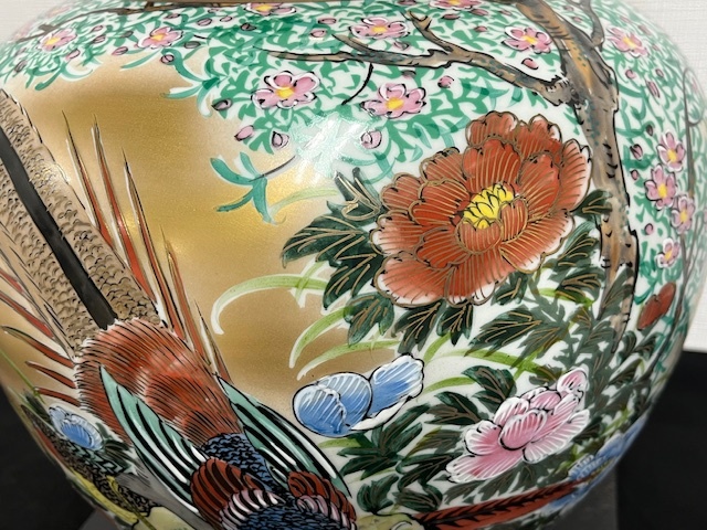 九谷焼 利平造 花瓶 茶器 色絵陶磁器 色彩 全長約31㎝ 重量3.96㎏ 木箱付き U594の画像8