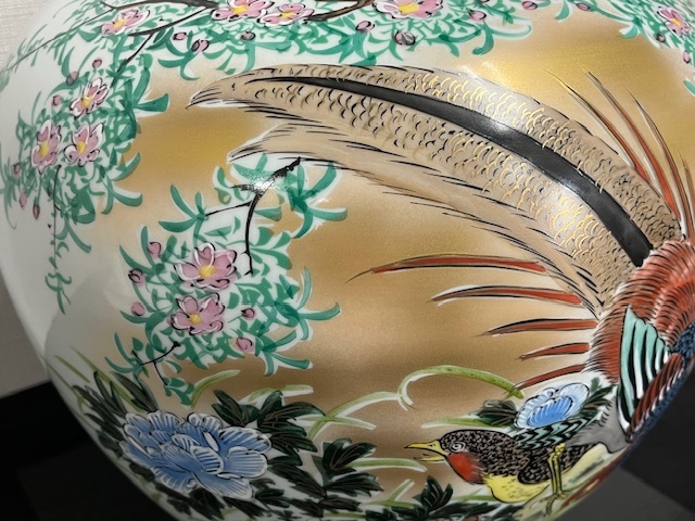 九谷焼 利平造 花瓶 茶器 色絵陶磁器 色彩 全長約31㎝ 重量3.96㎏ 木箱付き U594の画像9