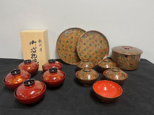 御吸物椀 越前塗 漆器 まとめ 津軽塗？ お椀 お盆 菓子器 丸盆 U608の画像1