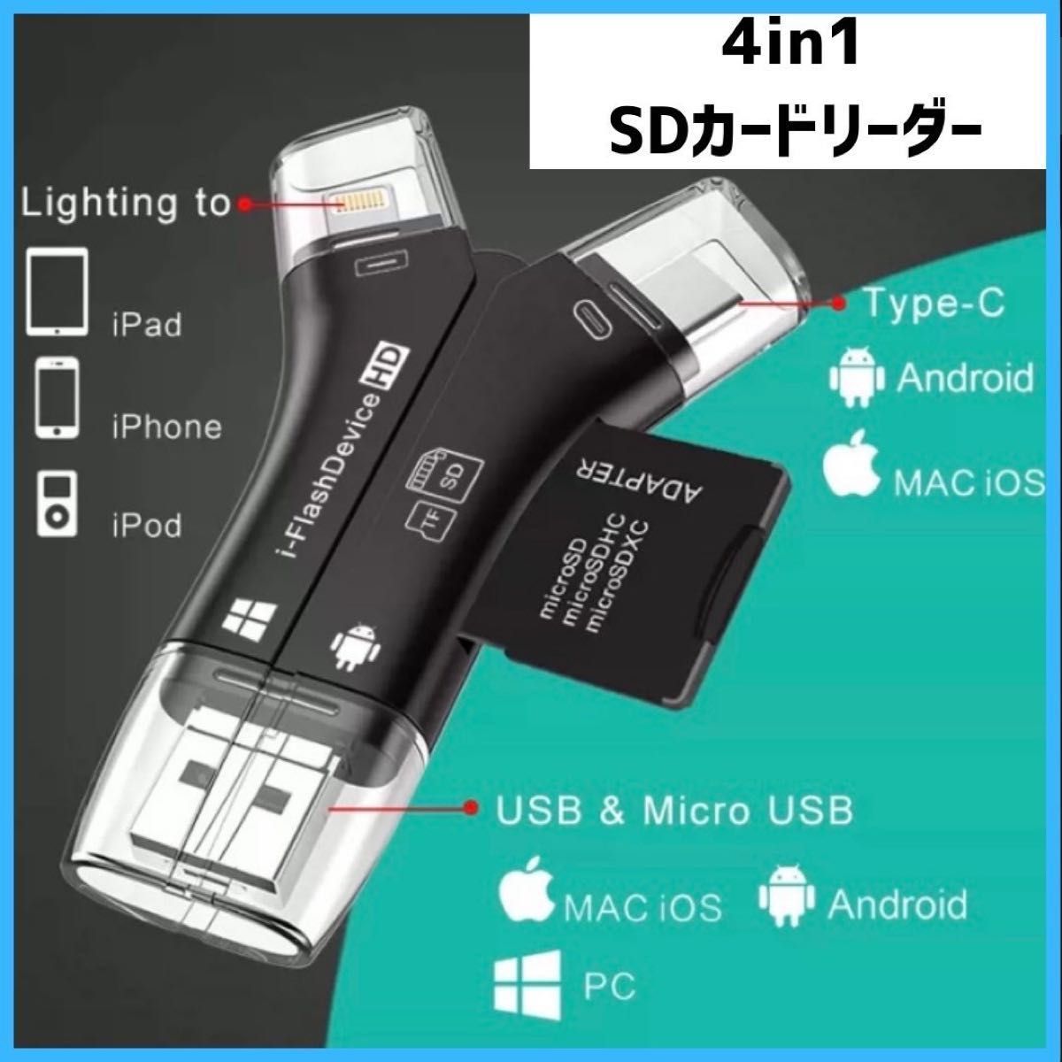 SD カードリーダー　4in1 データ移行　スマホ　iPhone USB コンパクト　持ち運び　Android iPad