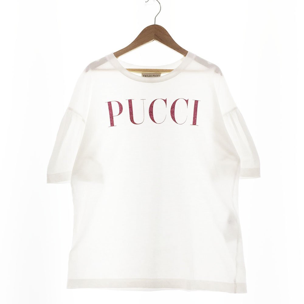 ★Emilio Pucci エミリオプッチ 半袖 ラメプリントTシャツ レディース サイズS ホワイト トップス カットソー 76992 1BA/41933の画像1