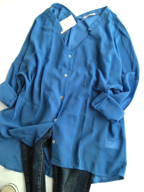 新品 ROSE BUD（ローズバッド）オーバーサイズシフォン長袖シャツ 青 F 送料185円 シアーシャツの画像3
