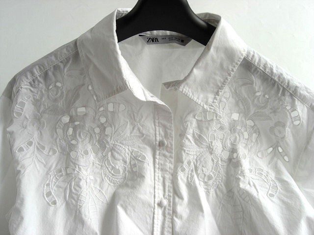 ザラZARA カットワークコットン刺繍長袖シャツ 白 Sの画像7