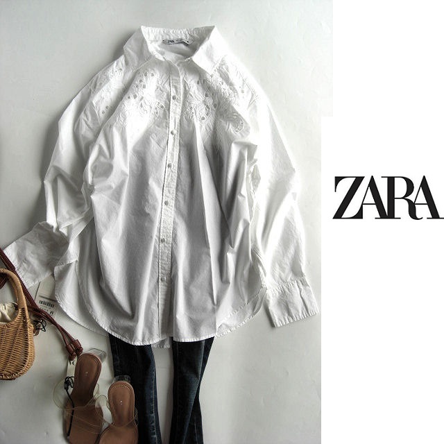 ザラZARA カットワークコットン刺繍長袖シャツ 白 Sの画像1