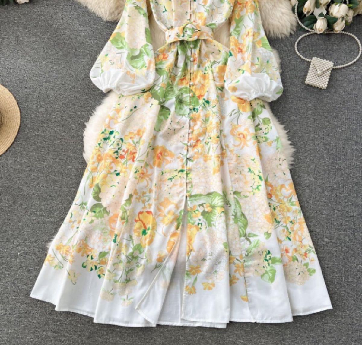 花柄ロングドレスワンピース チャイナ風 希少デザイン 黄色 花柄ロングドレスワンピース チャイナ風 希少デザイン 黄色