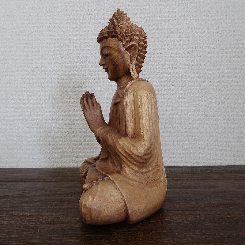 ブッダの木彫り 32cm 合掌 座像 スワール無垢材 木製仏像 仏陀置物 釈迦 観音菩薩 ブッダオブジェ 080711_画像3