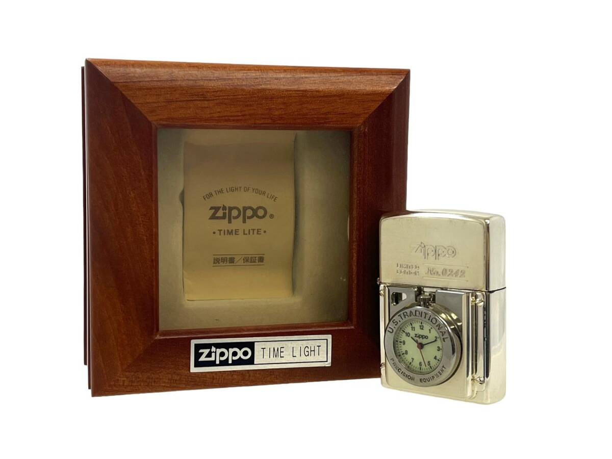 ZIPPO/ジッポー TIME LIGHT タイムライト U.S.TRADITIONAL 2002年製 シルバー 木箱付き オイルライター 喫煙具 現状品 (44765OT4)の画像1