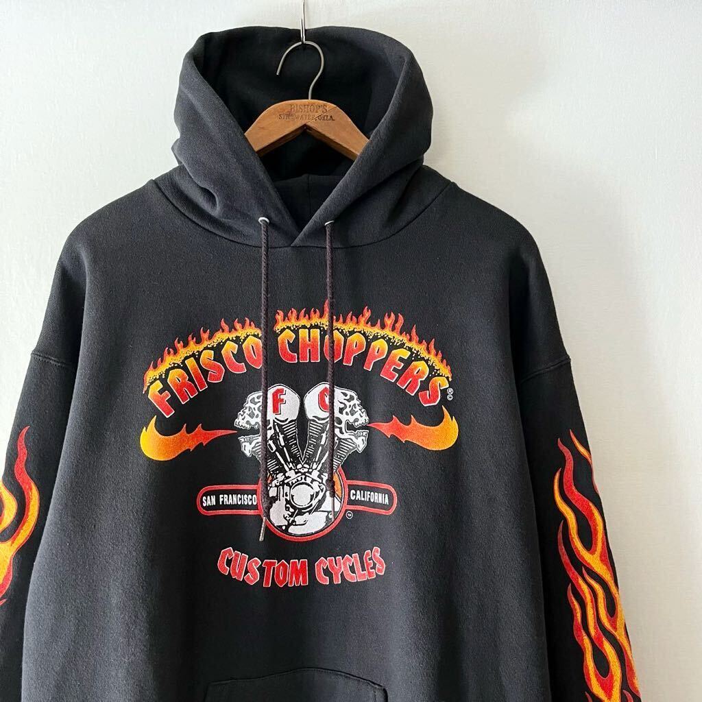 美品 90s FRISCO CHOPPERS スカル × フレイム スウェット パーカー L 黒 ビンテージ フリスコチョッパーズ モーターサイクル ヴィンテージ_画像1